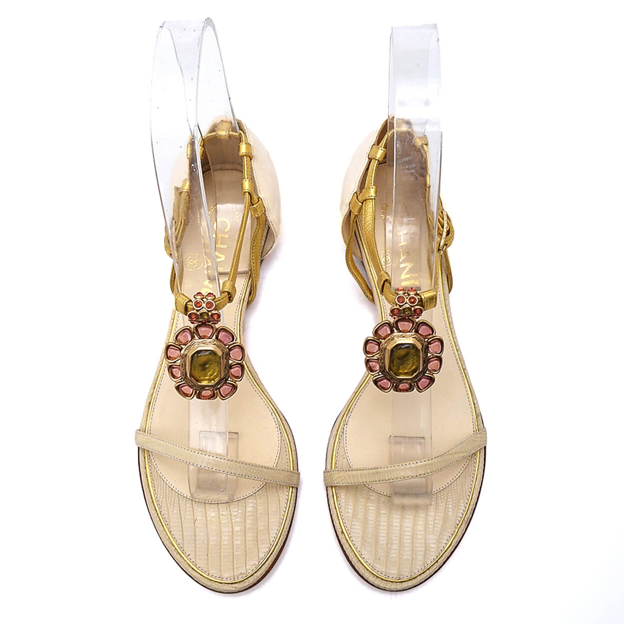 Chanel - White & Gold Camella Crystal Sandals 37